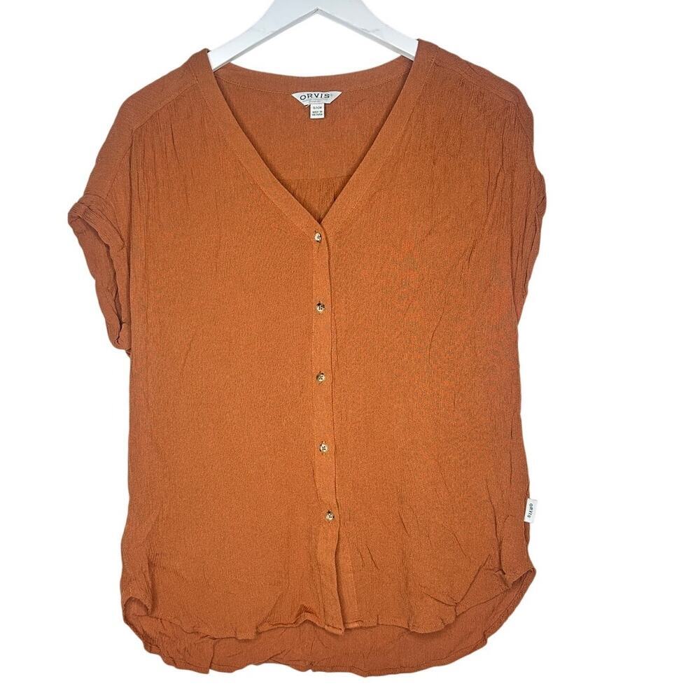 Orvis Small Rust Brown Neutral Lightweight Button Down Short Sleeve Blouse Shirt